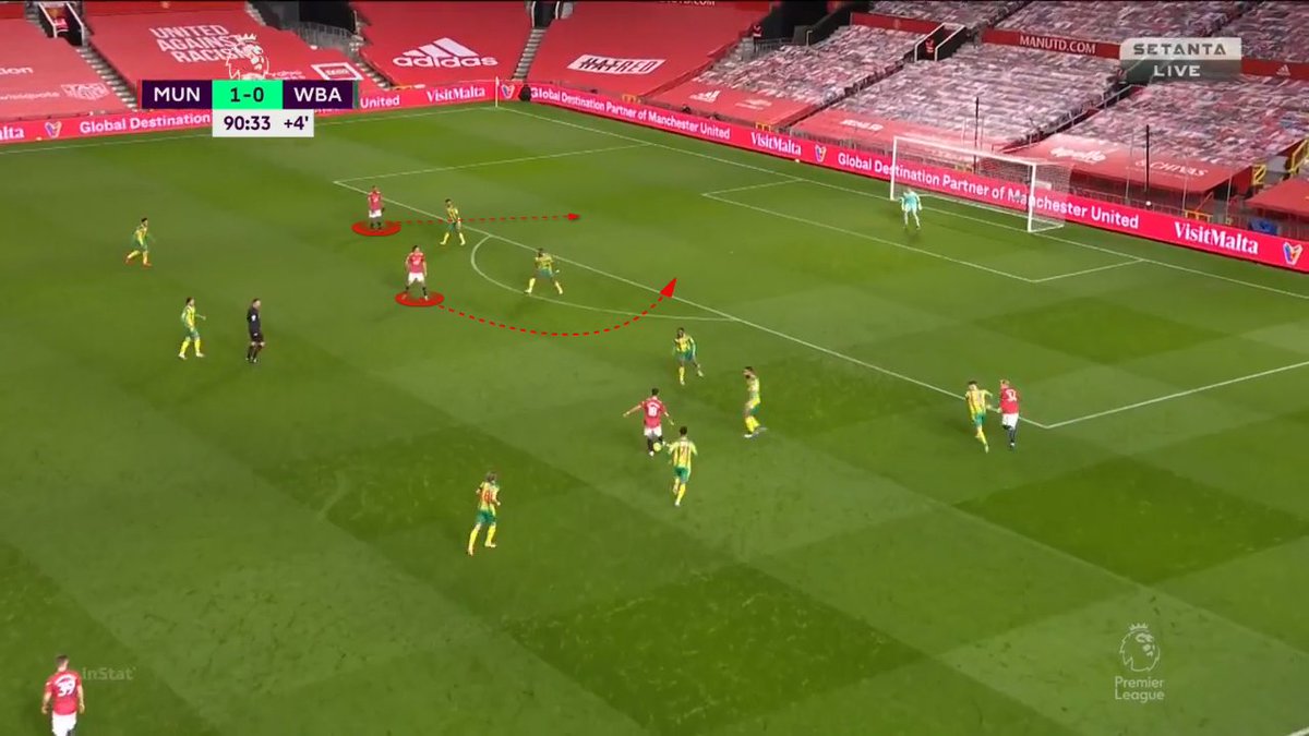 Donny drags a defender OOP and creates space for Bruno. This is one of Cavani's bad moments. He didn't make a run and reacted late and lost the ball. He went after it and got a yellow.  #MUFC