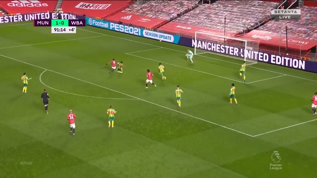 This was a clever clever play between Bruno, AWB, Cavani, and Martial. AWB low hard cross, Cavani leaves it with a dummy move, and Martial collects and takes a shot.  #WBA did really well to react and block it.  #MUFC