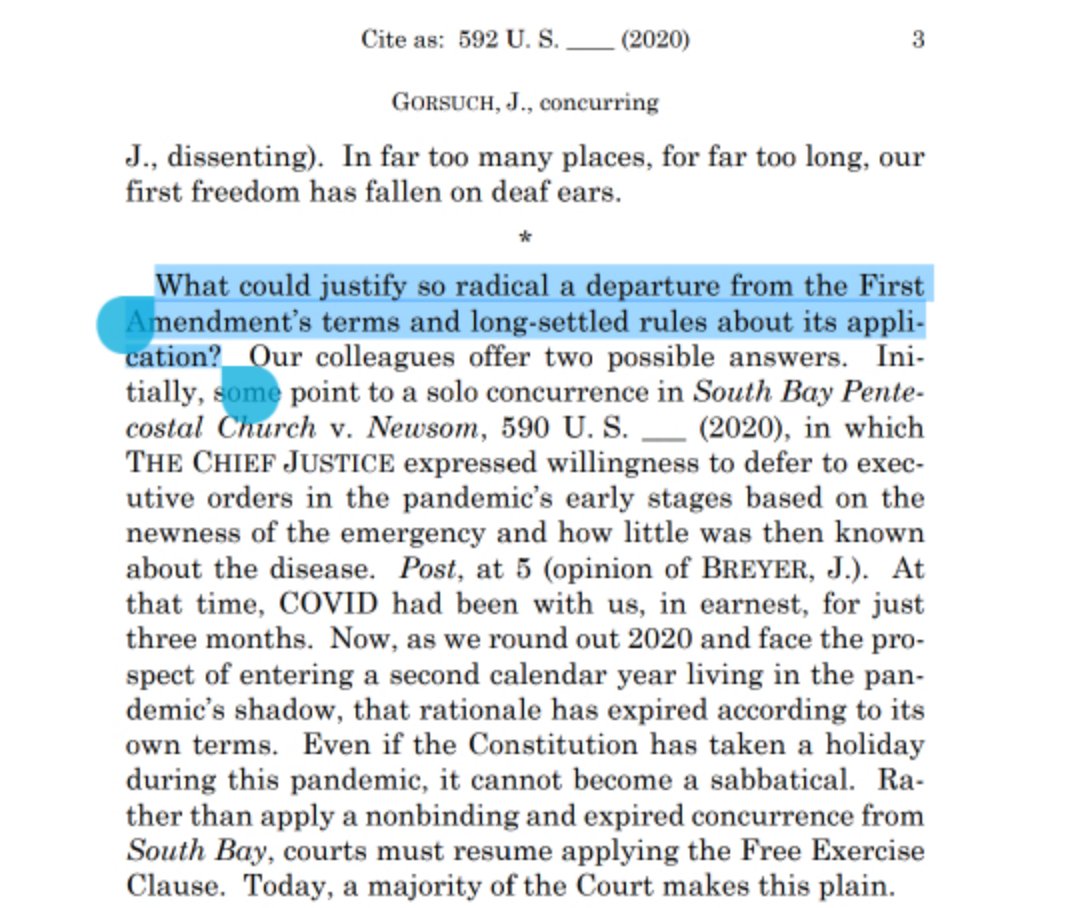 I will do my best to translate certain harsher sections of the Gorsuch concurrence from Lawyerese into "2 guys in a bar" English:"Before ACB got here, we had a majority of justices who thought the First Amendment was a toy they could discard when it felt woke to do so".