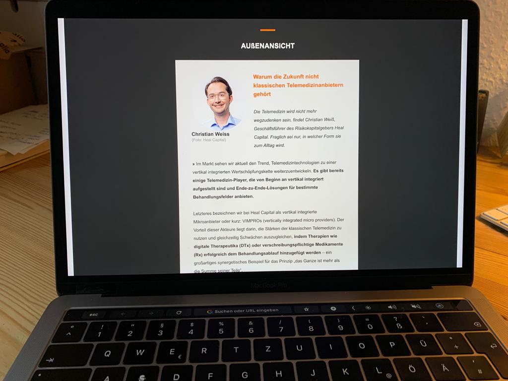 heal_capital's tweet photo. In today's @handelsblatt, @ChrisWeiss84 is commenting on the future of telemedicine and how next-level providers that we call "#VIMPROs" will beat classic #DTx & #telemedicine companies.
Read more about the concept of VIMPROs and why we believe in them โถ๏ธ https://t.co/8G1NYi3yVT https://t.co/DmgEFeyoA4