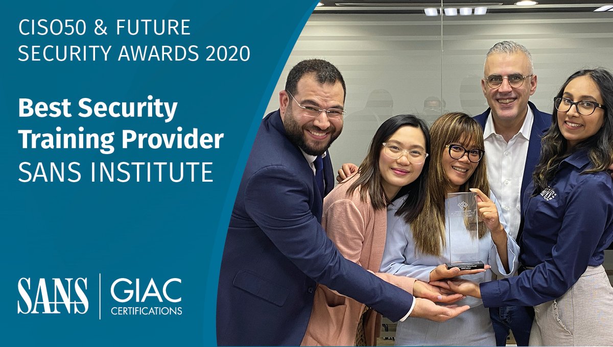 SANSEMEA's tweet photo. SANS is pleased to share that this week we were awarded the “Best Security Training Provider” award by @tahawultech in their annual CISO50 and Future Security Awards. 

#FutureSecurityAwards #CISO50FSA #security #technology #cyber #training https://t.co/So94SJ0zTh