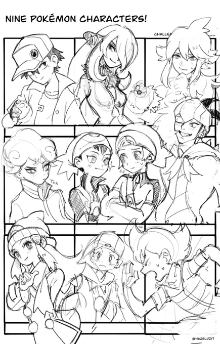 Super messy WIP of the 9 Pokemon Trainers sketches! Do you see any of your favs? This is so fun, I really want to draw the others you all suggested as well, but as you can see... there's no room 