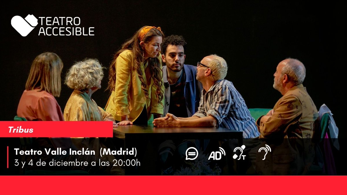 teatroaccesible's tweet photo. Recuerda que #TRIBUS es una obra accesible en todas sus funciones con lengua de signos y subtitulado.  
Además el 3 y 4 de diciembre se ofrecerá servicio de audiodescripción y ayuda auditiva. 
¡No te la pierdas! 
@centrodramatico 
👉https://t.co/oNYxvILxT9 https://t.co/gYpag3vepy