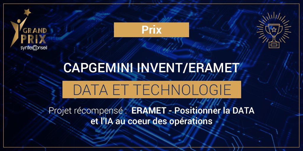 .@CapgeminiInvent et @GroupeEramet remportent le premier #GrandPrixSyntecConseil pour un projet qui place la Data et l’#IA au cœur des activités du groupe minier et métallurgique. https://t.co/4kcIpT3sjM
