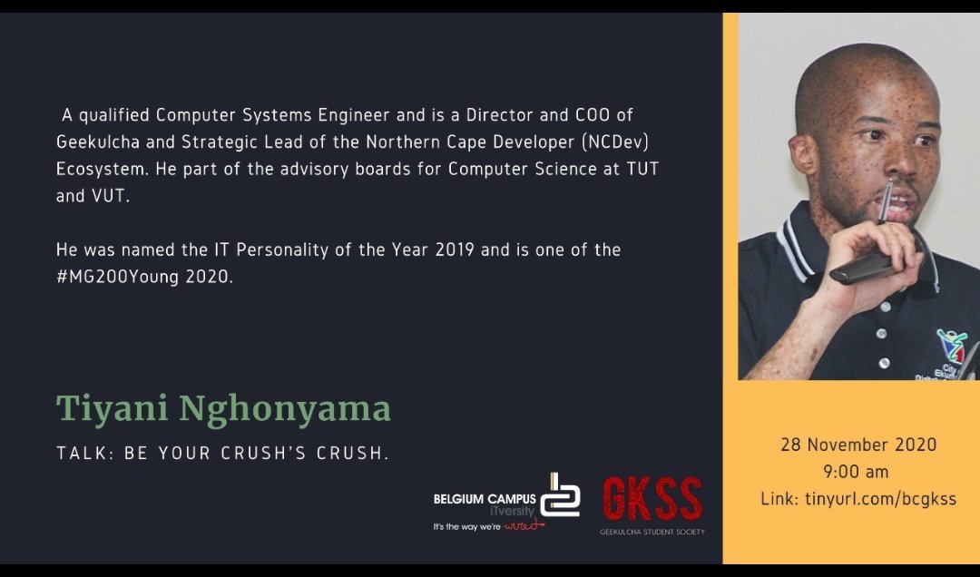 With SA's youth unemployment rate,  it is important to stand out from the pack! <a href="/TiyaniTee/">Tiyani Nghonyama</a> will give you tips on how to position yourself technically,  for the industry! 

Join us this Saturday
Link: tinyurl.com/bcgkss

#GKSS20BC
#JobSeekersSA