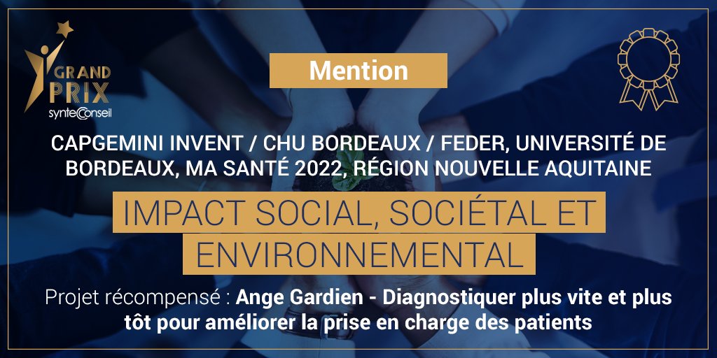 [#GrandPrixSyntecConseil] Bravo à <a href="/Capgemini/">Capgemini</a> <a href="/CHUBordeaux/">CHU de Bordeaux</a> <a href="/univbordeaux/">Université de Bordeaux</a> <a href="/NvelleAquitaine/">Nouvelle-Aquitaine</a> et #MaSanté2022, qui remportent la mention de l'Impact social, sociétal et environnemental pour la co-construction d'Ange Gardien, un programme de suivi médical partagé de maladies chroniques