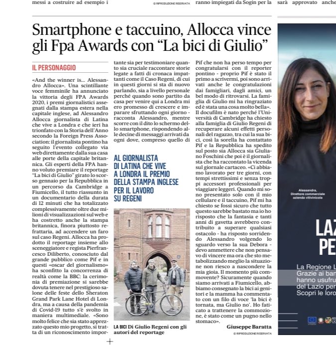 #storie #fpaawards A Londra - “Smartphone e taccuino, Allocca vince gli Fpa Awards con “La bici di Giulio”

Su #IlMessaggero vi racconto la storia del docufilm su Giulio Regeni e la sua bici che ha vinto gli “Oscar della stampa estera” in Inghilterra