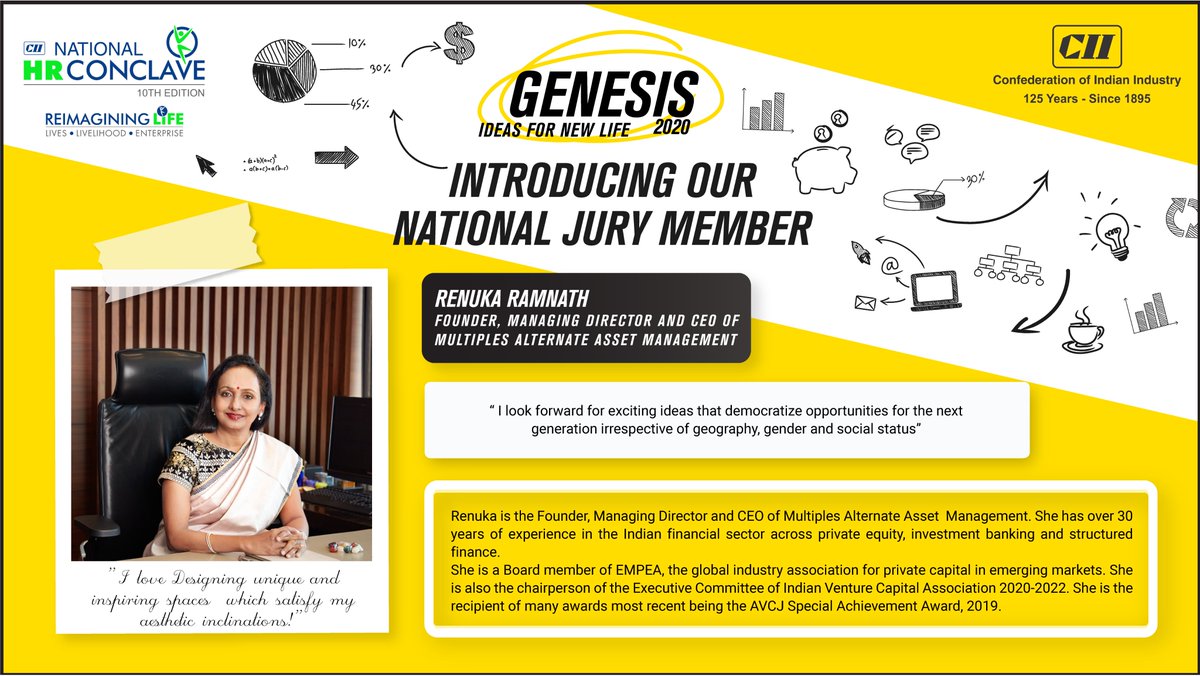 FollowCII's tweet photo. Our National Jury Member for #GENESIS2020 - Ms Renuka Ramnath, Founder, MD & CEO, Multiples Alternate Asset Management is looking forward to a powerful jury interaction with our top 8 finalists of GENESIS 2020. #10thNationalHRConclave
@CIIKOLCOE https://t.co/tyFyCfJZSF