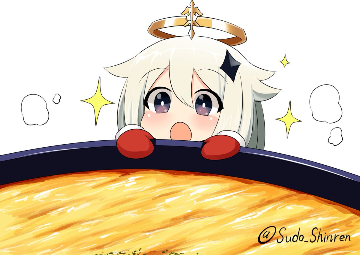 paimon (genshin impact) 1girl halo open mouth food solo white hair sparkle  illustration images