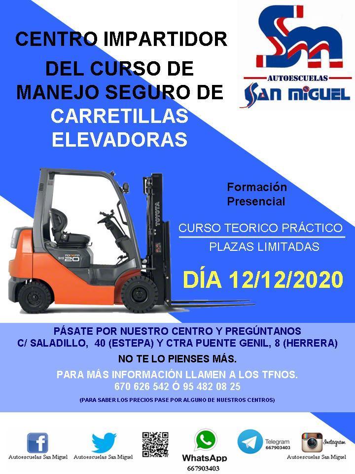 El nuevo curso para el manejo de carretillas elevadoras esta previsto para el día 12/12/2020. Si estás interesado pasa por alguno de nuestros centros.