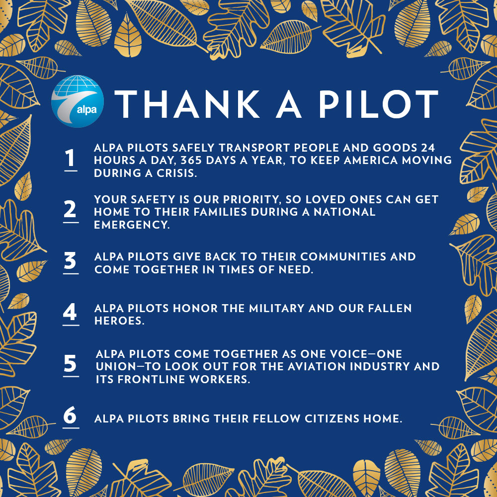 ALPAPilots's tweet photo. Through your leadership, expertise, judgment, commitment to safety, and engagement, ALPA has made progress for our industry and our profession, even during the most difficult times."
We are grateful for our 59,000 ALPA pilots. #Thanksgiving #1u #ThankAPilot https://t.co/IEpeOtEYWB