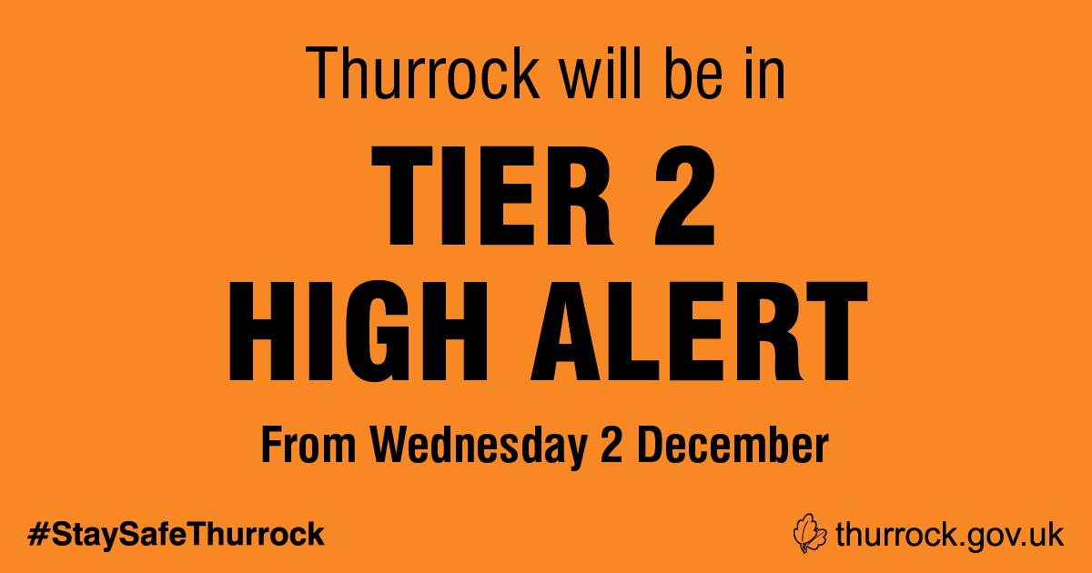 The government has announced that Thurrock will enter Tier 2 High Alert restrictions next week.

You can read a statement about this from Cllr Rob Gledhill, Leader of Thurrock Council, on our website: orlo.uk/6Cfbr