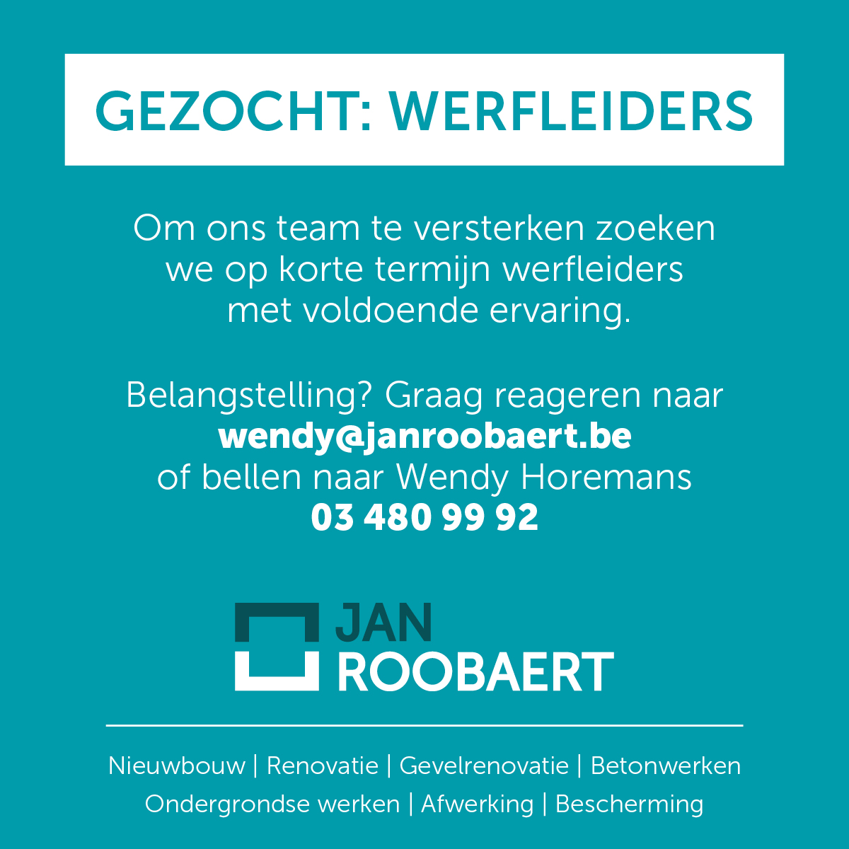 janroobaert's tweet photo. #Werfleiders gezocht!
#vacature #bouwsector
@bouwenwonen @Bouwunie @ConfedBouw https://t.co/EbANYd2ou4