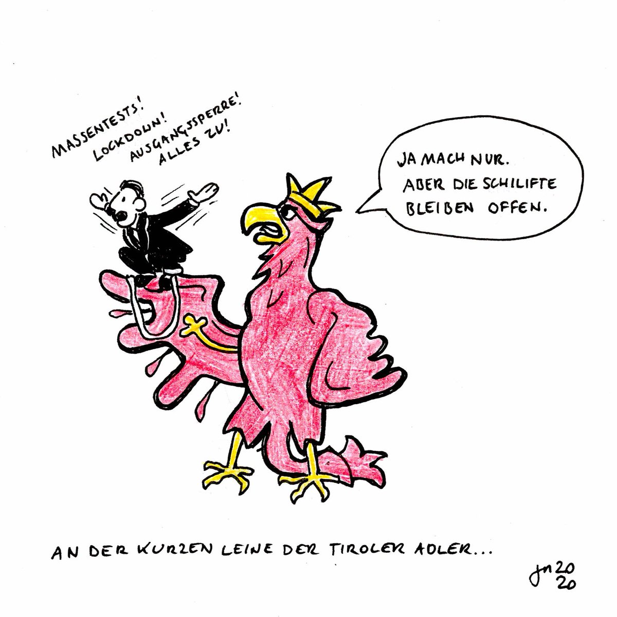 thenausner's tweet photo. An der kurzen Leine der Tiroler Adler... (pun intended).
#Kurz #Lockdown2 #Ischgl #regierungserklaerung #Schisaison #Tirol #allesrichtiggemacht #karikatur #cartoon #macron #eu #schilifte https://t.co/lD8uaaL6y6