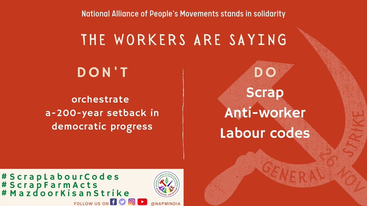napmindia's tweet image. The country is surviving through a pandemic due to the relentless labour of our farmers-workers. As they go on a #GeneralStrike, let us see what the workers&apos; demands are. 

#ScrapLabourCodes
#ScrapFarmActs  #MazdoorKisanStrike