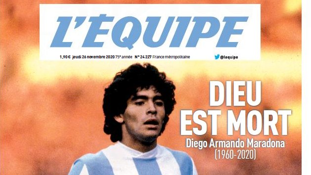 Today we'll bring together the newspaper coverage from around the world following the death of Diego Maradona. A thread. France: L'Equipe - 'God is dead'Le Parisien - 'In the hands of God'