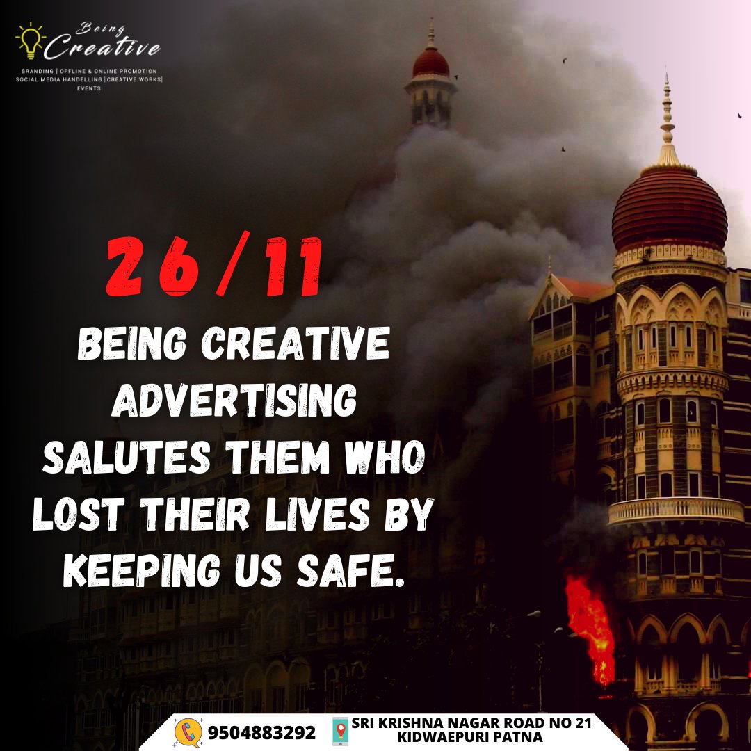BeingCreativead's tweet photo. 26/11
Being Creative Advertising Salutes them who lost their lives by keeping us safe.🙏
#beingcreativeadvertising
.
#mumbaiterrorattacks #MumbaiAttack https://t.co/OxWxJj1kaj