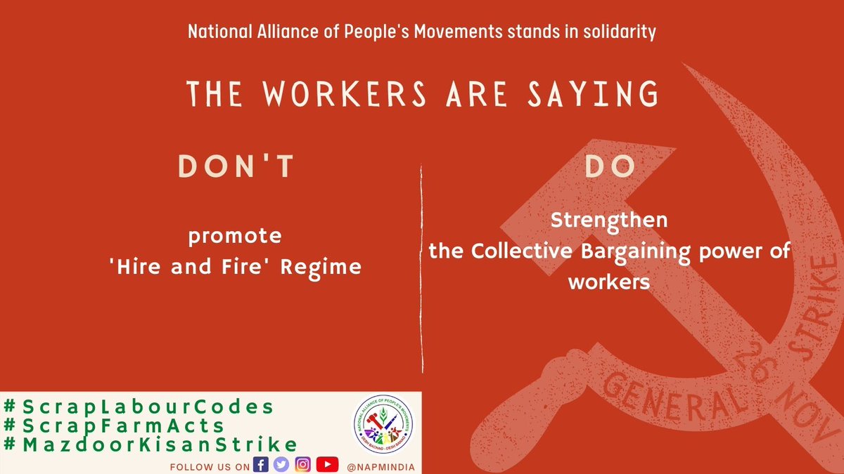 napmindia's tweet image. The country is surviving through a pandemic due to the relentless labour of our farmers-workers. As they go on a #GeneralStrike, let us see what the workers&apos; demands are. 

#ScrapLabourCodes
#ScrapFarmActs  #MazdoorKisanStrike