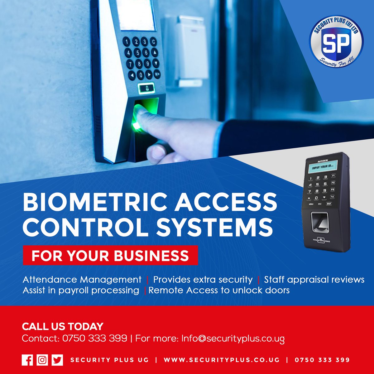 Security_PlusUG's tweet photo. With our biometric access control package we provide you with a system that records time and attendance with just one click.

For more information about our products and services visit our website https://t.co/GmKzEy0j5L or call us on 0750333399. #staysafe #Securityplus https://t.co/fv0VaAQhPo