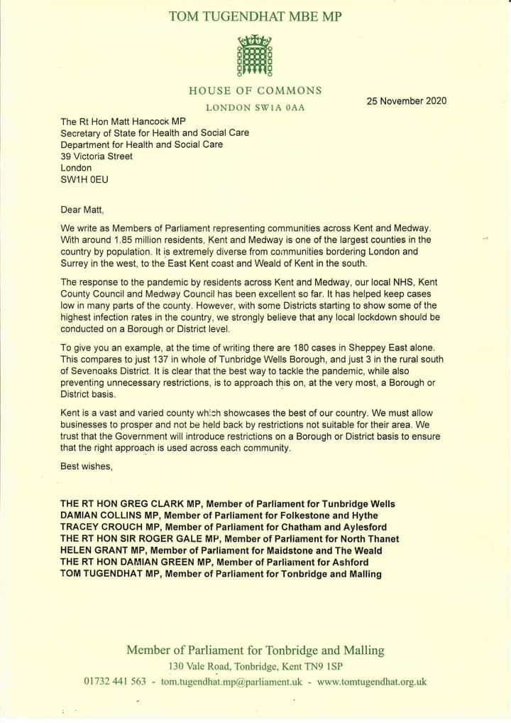 MatthewJonRob's tweet image. Great to see a number of Kent MPs campaigning for a district tier system. 
With Kent infection rates inflated by Swale &amp;amp; Thanet it seems unfair that businesses &amp;amp; communities in Canterbury should suffer with Tier 3.
Such a shame that the Canterbury MP has not done the same.