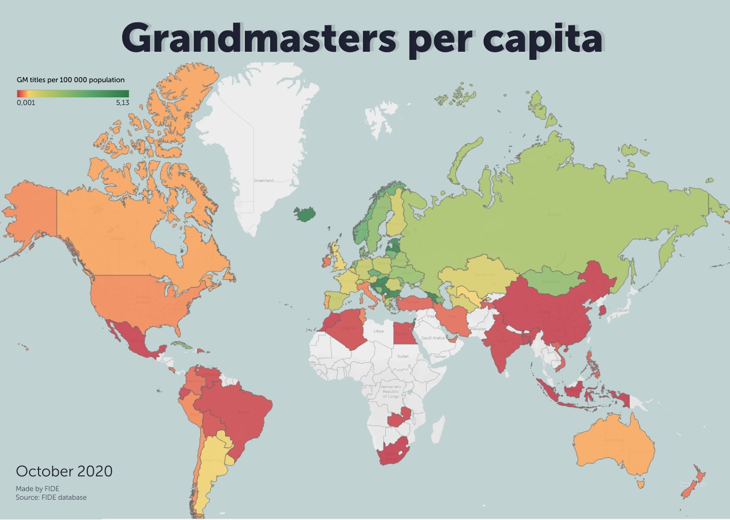 International Chess Federation on X: The world map of Grandmasters per  capita, based on the stats from the FIDE database. 🌐♟️ You can see that  European countries have the highest concentration of