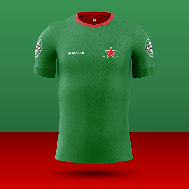 7.  @Heineken - Open your eyes to this stunning green effort with subtle red touches throughout. The Heineken red star taking centre stage with the full logo on both sleeves.