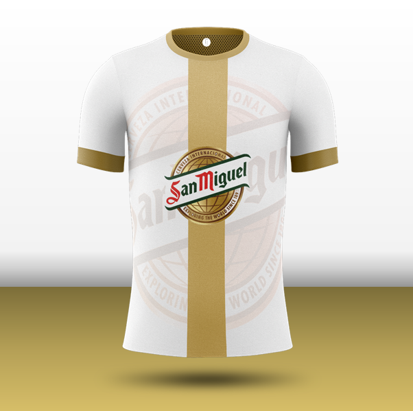 8.  @SanMiguel_UK - A football kit, made better. Classy branding see's white and gold with a subtle watermark within the tops stitching. One the Spanish will be proud of! (& Filipino of course)