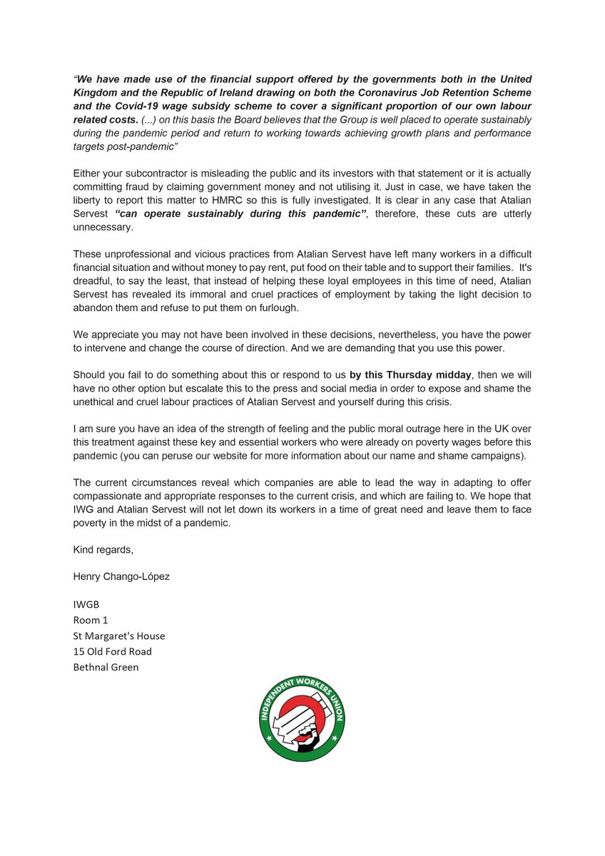 .<a href="/AtalianServest/">AtalianServest</a> a multimillion company with revenues of £721.8m is refusing to put its workers on furlough and cutting their hours forcing them into financial destitution. The <a href="/iwgbunion/">IWGB</a> has written to them to demand they are put on furlough immediately