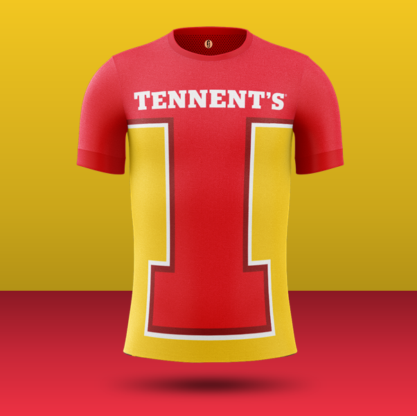 9.  @TennentsLager - Much like it's drink counterpart, this kit packs a real hearty punch. Eye-popping colours see the Tennent's logo fill the entire shirt - the sleeves acting as the "T"'s arms. Bold, only for the brave. This could be Scotland's favourite kit.
