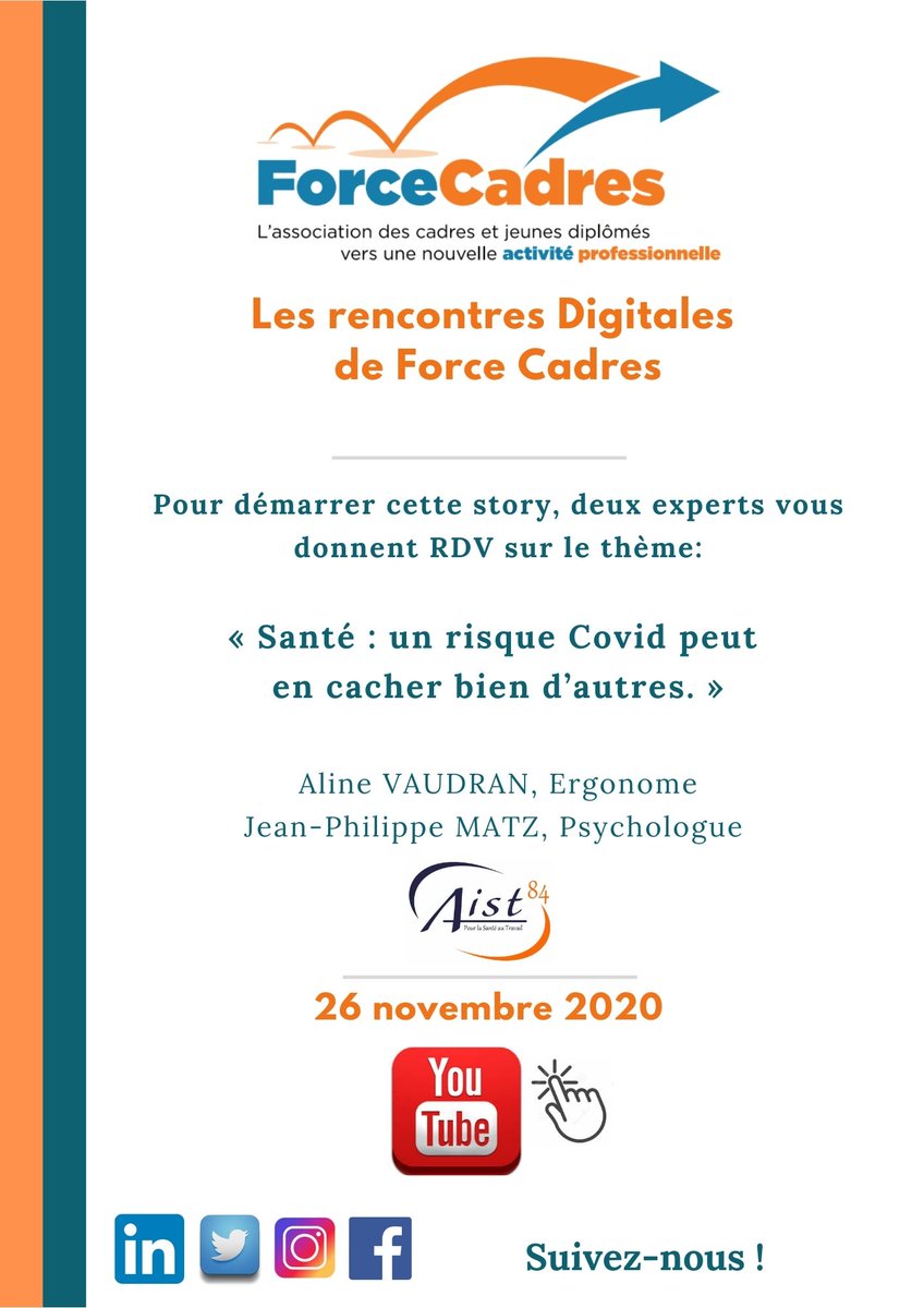 MAINTENANT
Première Rencontre Digitale Force Cadres : Santé &amp; télétravail.
Réponses concrètes par Aline VAUDRAN Ergonome, Jean-Philippe MATZ  Psychologue
Animé par François Valerian
A voir et à revoir sur la chaine Youtube de ForceCadres
youtube.com/watch?v=uKF0kv…