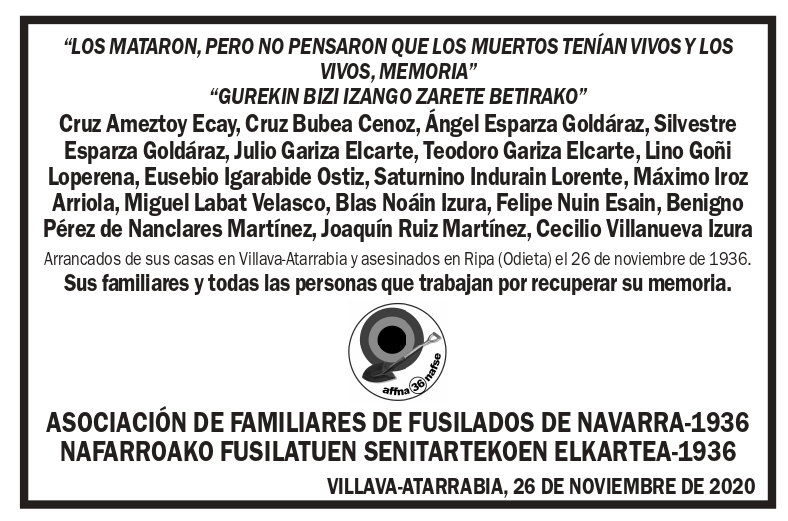 Hoy 26 de noviembre, se cumple el 84º aniversario del asesinato de 16 jóvenes villaveses en las tapias del cementerio de Ripa. No queremos nunca más y para nadie aquellos horrores. #MemoriaHistórica