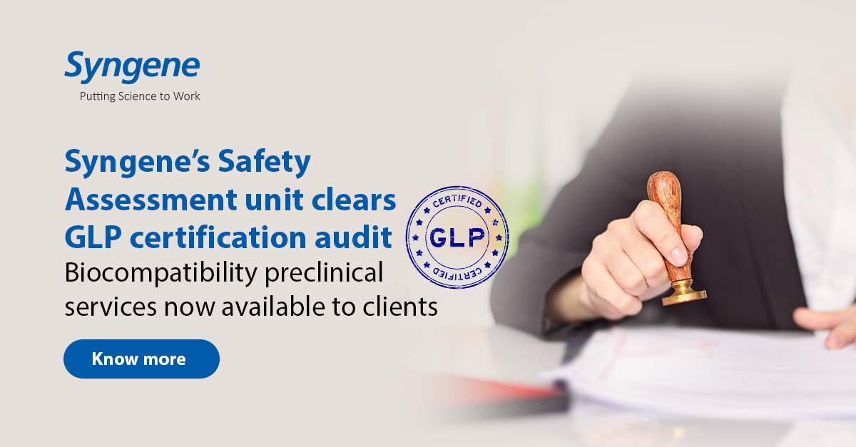 SyngeneIntl's tweet photo. We are proud to share that Syngene’s Safety Assessment unit was recently #GLP certified by #NGCMA to run projects on #biocompatibility testing. 
To know more write to📧bdc@syngeneintl.com.
#toxicology #Mutagenicity #cdsco #preclinical #Syngene #biopharma #drugdiscovery #pathology https://t.co/Mq870Mvd6a