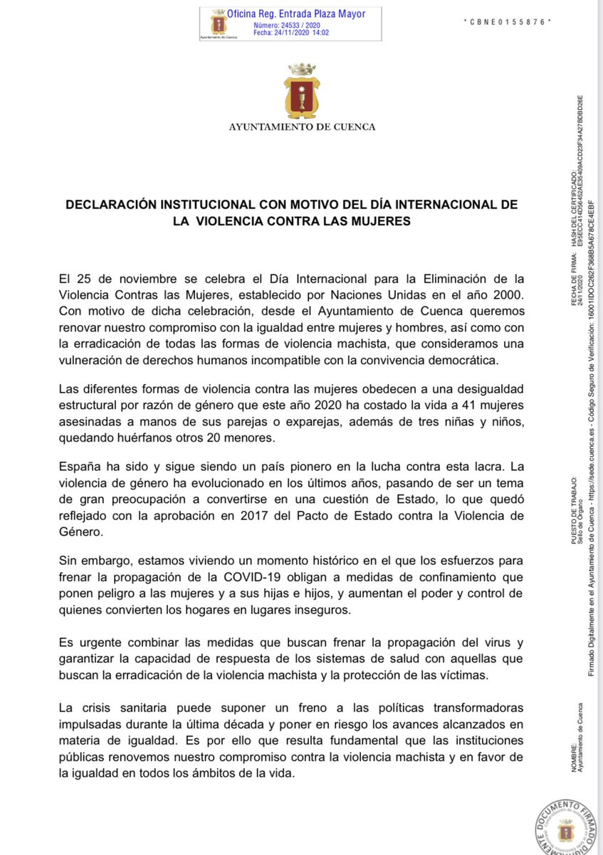 aytocuenca's tweet photo. Todos los grupos políticos del Ayuntamiento de Cuenca aprueban por unanimidad 🤝 una declaración institucional ratificando el compromiso municipal en contra de la violencia de género 💜. #35N #diacontralaviolenciadegenero #noenmascareslosmalostratos #niunamenos #nosqueremosvivas https://t.co/1tN8JrDugr