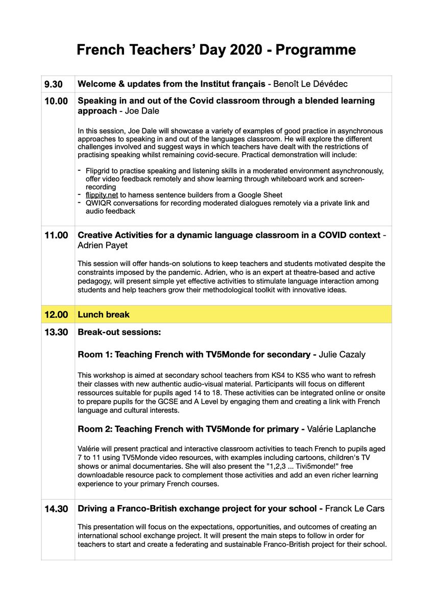 FrenchEdUK's tweet photo. 🎉 A l'occasion de la #JIPF2020, ne manquez pas le French Teachers' Day organisé par @ifru_london ce samedi 28/11, 9:30-15:00 (GMT), avec des ateliers animés par @JoeDale, Adrien Payet, Julie et Valérie @EnseignerTV5, et Franck Le Cars @acmontpellier.
➡️ https://t.co/SwdROSUlbW https://t.co/uXJ9a9AuRQ