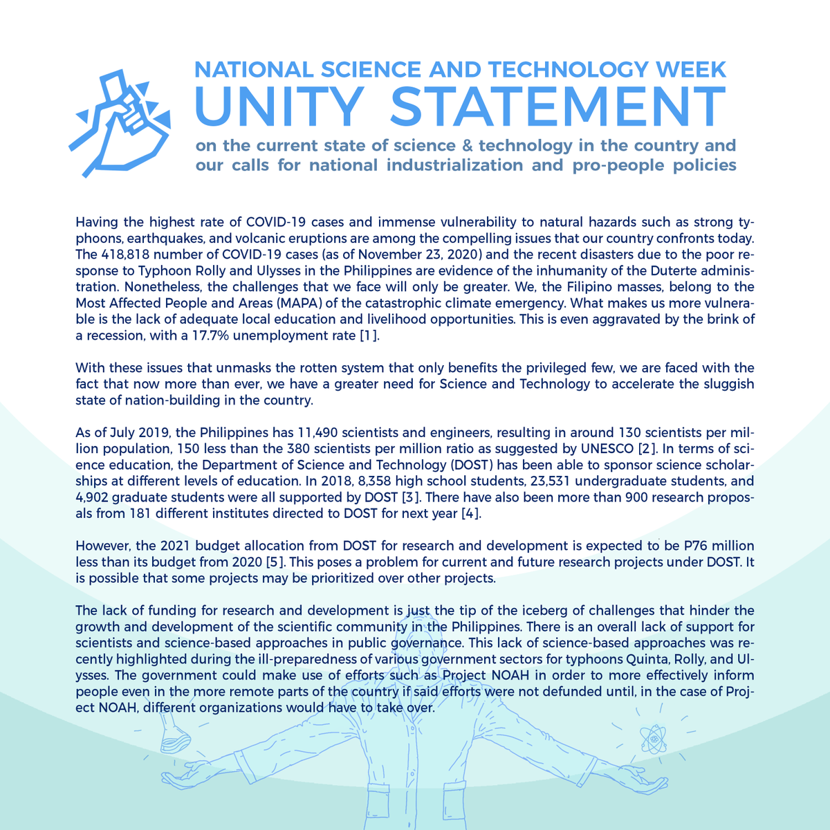 AghamYouth_UPD's tweet photo. National Science and Technology Week Unity Statement of Agham Youth UPD and UPD College of Science Organizations on the current state of S&amp;T in the country and our calls for National Industrialization and pro-people policies. 

#FundRnD
#SupportLocalScientists
#SupportSTEMWorkers https://t.co/1ZV6NHEZxG