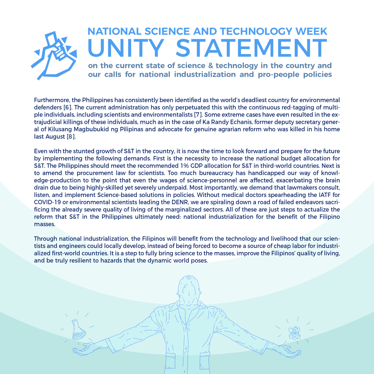 AghamYouth_UPD's tweet photo. National Science and Technology Week Unity Statement of Agham Youth UPD and UPD College of Science Organizations on the current state of S&amp;T in the country and our calls for National Industrialization and pro-people policies. 

#FundRnD
#SupportLocalScientists
#SupportSTEMWorkers https://t.co/1ZV6NHEZxG