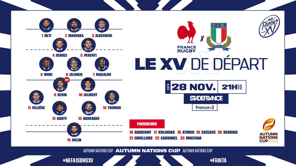🇫🇷🇮🇹 VOTRE XV DE DÉPART ! 

Voici la composition du #XVdeFrance pour le dernier match à la maison en 2020 🏠

L'objectif est simple : Aller en finale à Twickenham !

#NeFaisonsXV