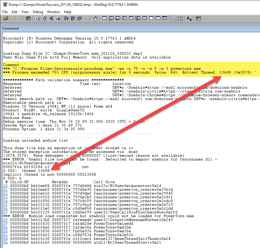 guyrleech's tweet photo. Use @SysInternals #procdump when getting dumps of high CPU processes as it writes the offending thread id into dump comments so you (or developers) know the thread to investigate

procdump.exe -ma -c 75 -u -s 5 -n 3 badlad.exe https://t.co/34Pe5EK8vh