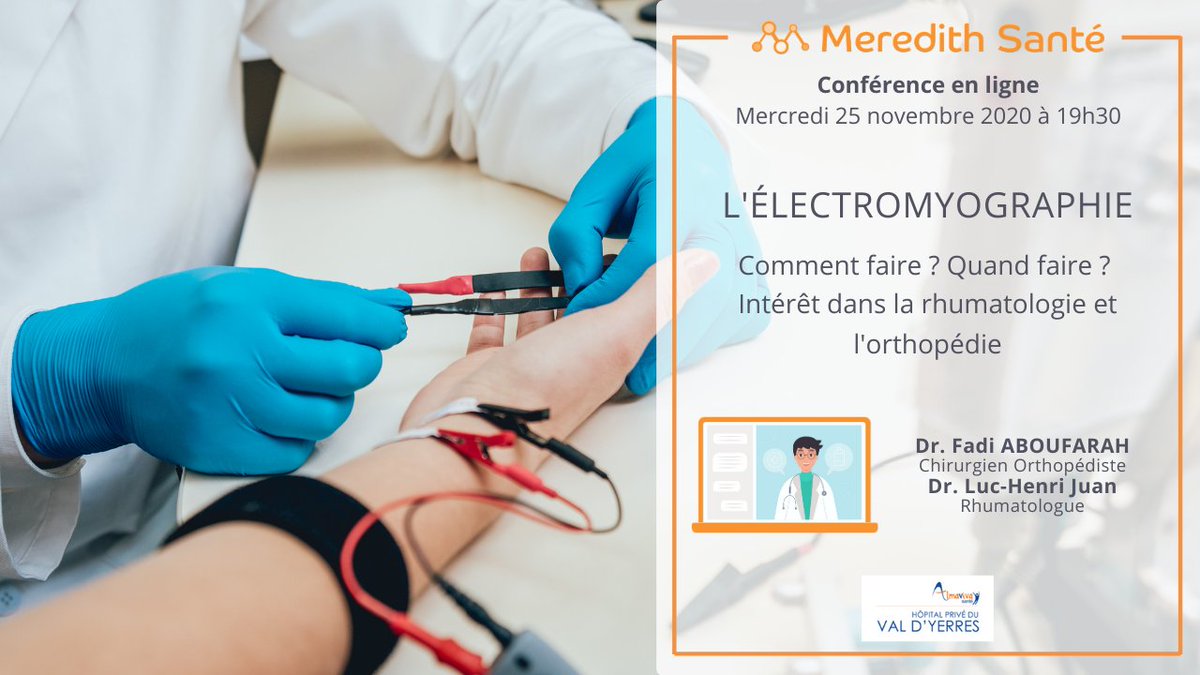 MeredithSante's tweet photo. 🎥 Replay 
Merci au Dr Fadi Aboufarah, Chirurgien Orthopédiste et au Dr Lun-Henri Juan, Rhumatologue pour cet échange très intéressant sur l'électromyographie.
Revoir la conférence ➡️ https://t.co/m9s0nMcShX

#meredithwebinaire #neurologie  #rhumatologie #hopitalpriveduvaldyerres https://t.co/dbPkv1sLVT