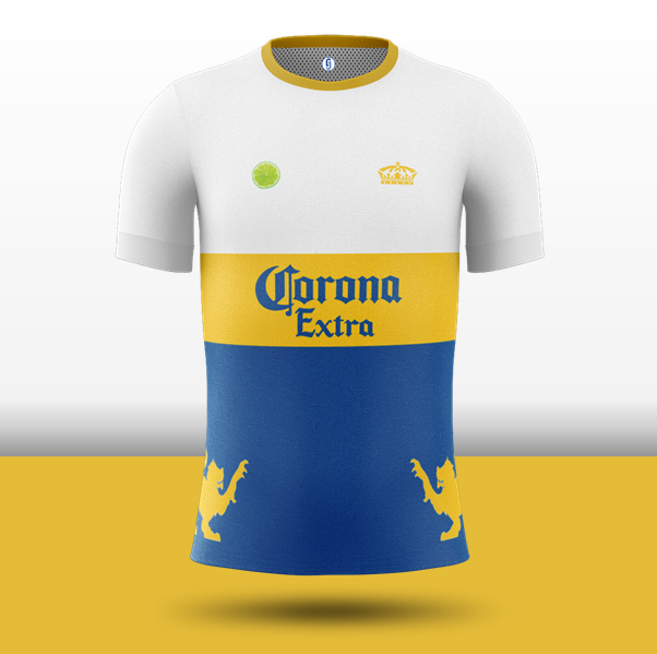 19.  @coronauk - The Corona logo has exploded across this kit, the crown now the crest, the name now the sponsor and the tigers(?) now finish the jersey along the sides. As a nod to the greatest combo in beer history, the lime takes centre stage, given place alongside the crown.