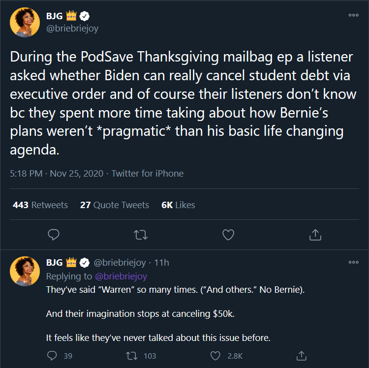 This is one of the rare times BJG's messaging has slight "attack" elements--it makes listeners of PodSaveAmerica feel as if they are being called ignorant, making them less receptive to leftist messaging. (Not calling her out! It's just an example.) 21/