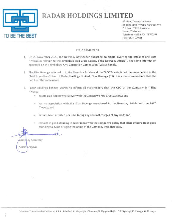 Following the article published in the Newsday of 18 November 2020, Radar Holdings Limited would like to advise its stakeholders as detailed on the attached Press Release.