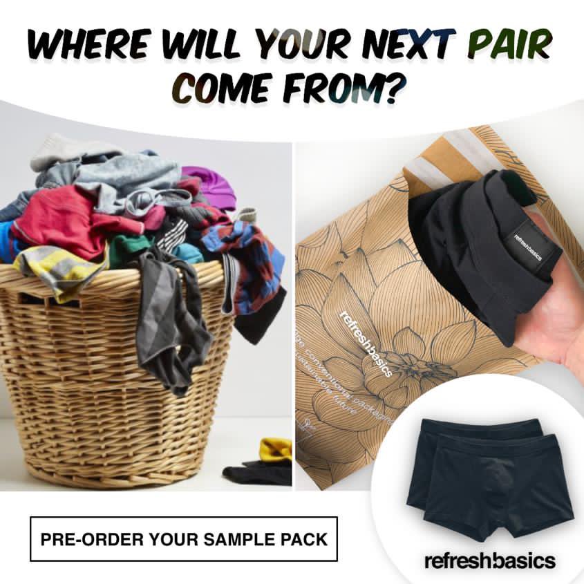 #RefreshBasics makes sure you always have enough respectable underwear! Pre-order a sample pack today. refreshbasics.com #mensunderwear #sustainablefashion #organicCotton