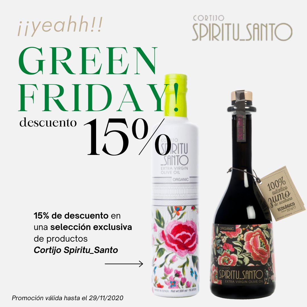 💚Green Friday!
15% de descuento en una selección exclusiva de productos
Cortijo Spiritu_Santo
🛒🛒🛒 cortijoespiritusanto.com/tiendaaceite/?…