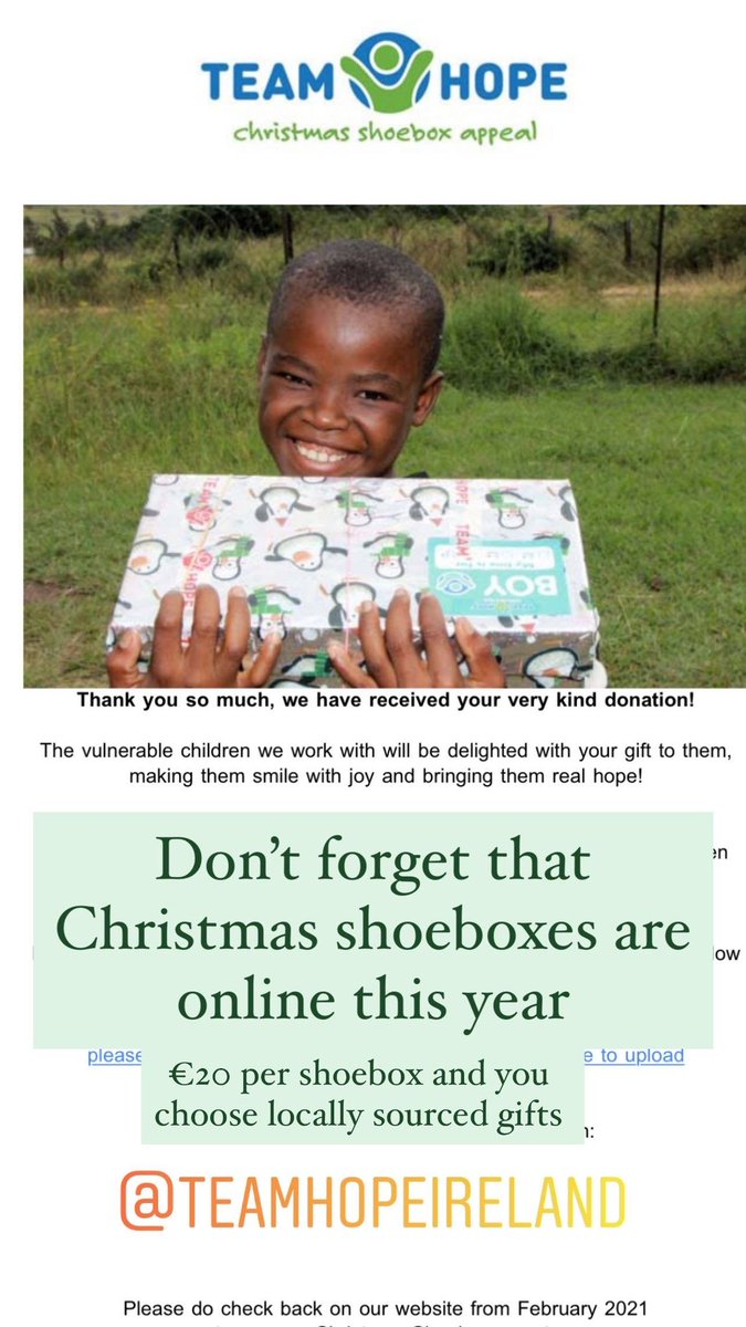 SaucepanKids's tweet photo. Don't forget that the @TeamHopeireland Christmas shoebox appeal has gone online this year. Shoeboxes cost €20 each and you can choose what locally sourced items you would like included as well as personalise the box.
#EveryBoxCounts #ChristmasShoeboxAppeal #EveryBoxCounts https://t.co/rDWMFDEopo