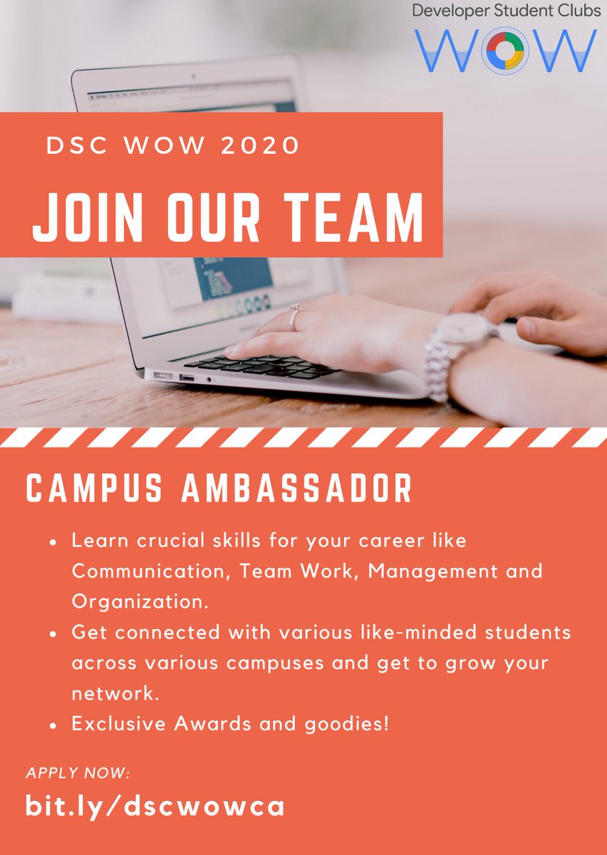 gdscwow's tweet photo. Do you have the panache in you that sets yourself apart?
Are you good at organising events?

If you answered with a YES then please join us for DSC WOW's Campus Ambassador program 😍😍🔥

🔗: https://t.co/dGce8B1zes

#letswow #developerstudentclubs #dsc #googledevelopers https://t.co/6eaoKWD4IK
