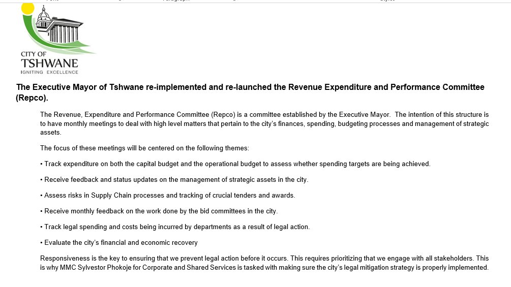 CityTshwane's tweet image. The Executive Mayor of Tshwane re-implemented and re-launched the Revenue Expenditure and Performance Committee (Repco).