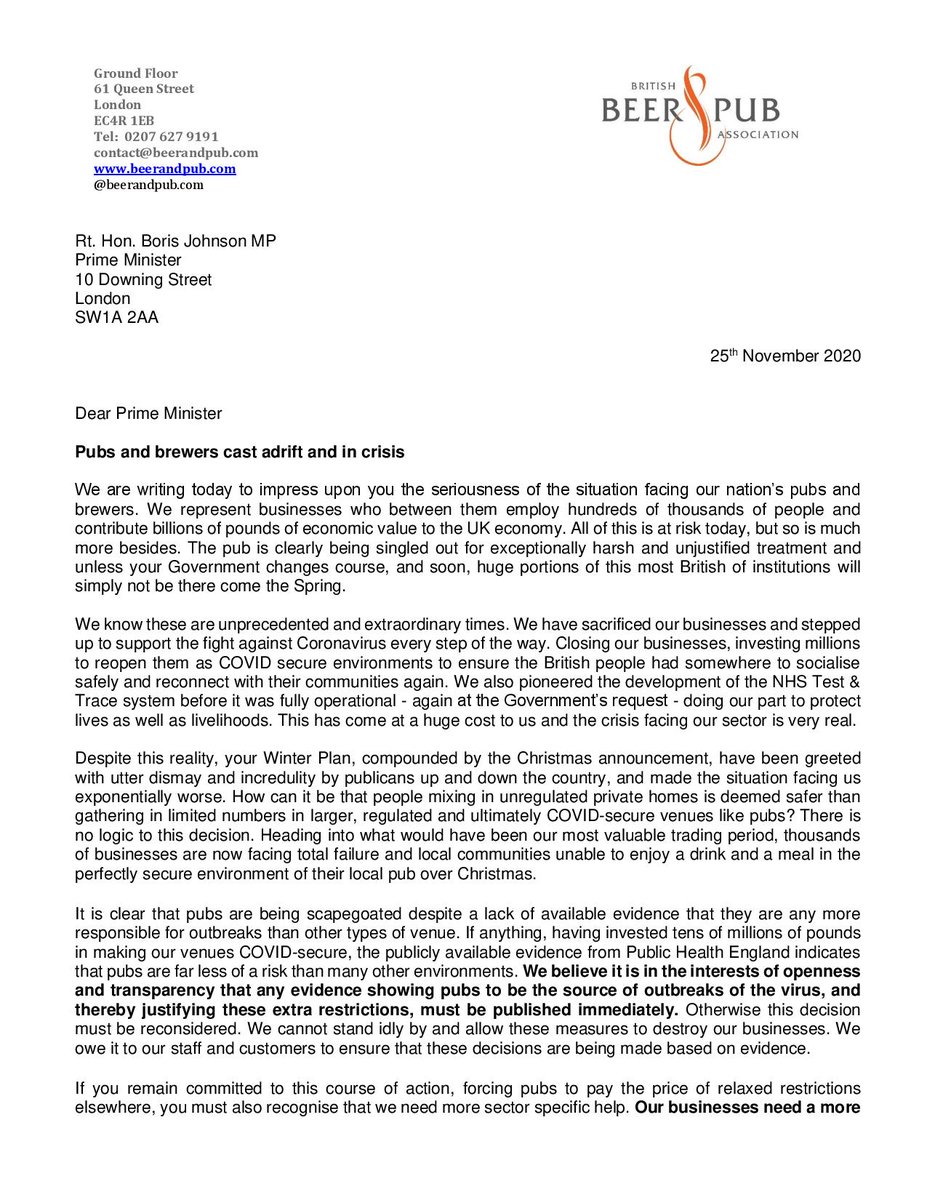 beerandpub's tweet photo. The future of hundreds of breweries, thousands of pubs and tens-of-thousands of jobs hang in the balance. 

So we wrote to @BorisJohnson urging him to reverse the terrible measures that our killing our sector, or if not, at least give it the grants it needs to survive 👇 https://t.co/AvrCYIFRxV