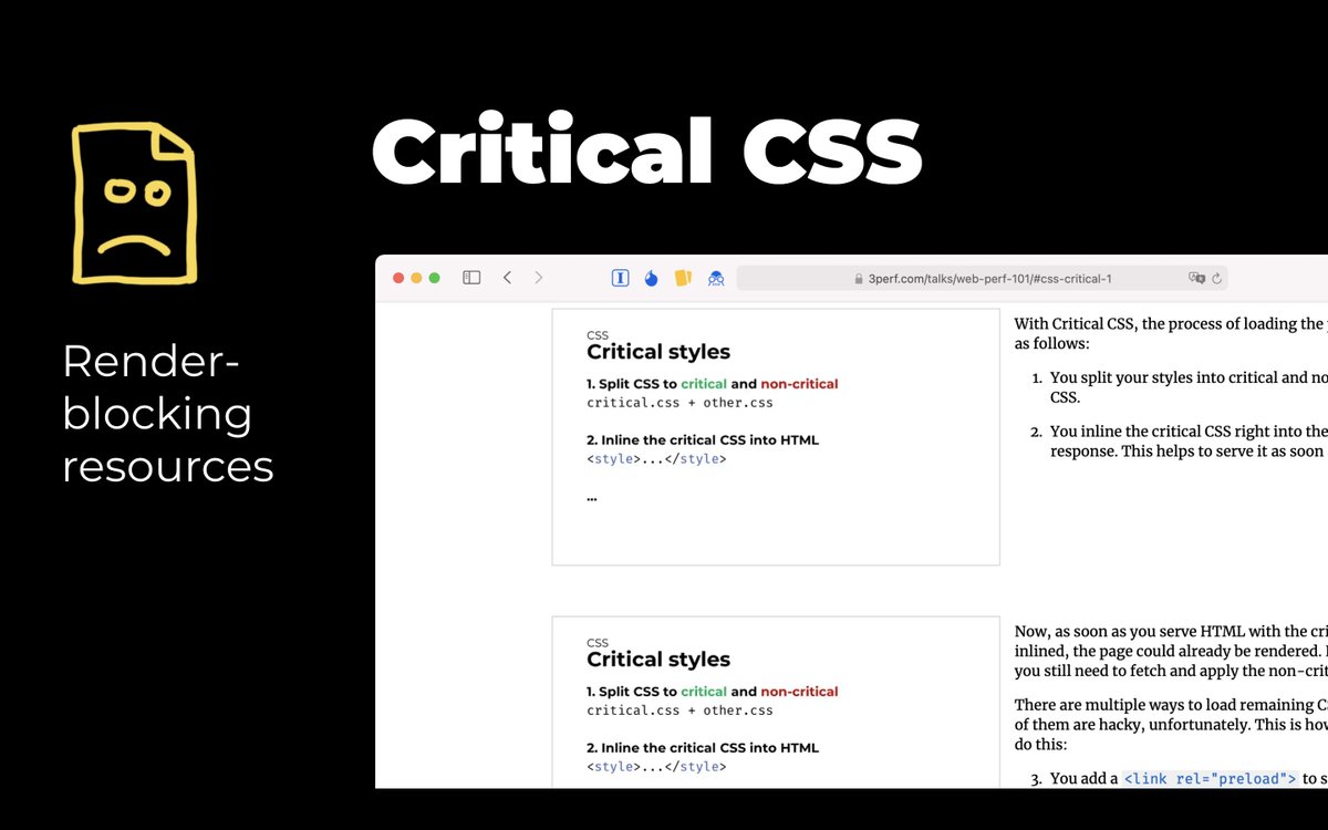 6) Critical CSS:— Intro in Web Perf 101:  https://3perf.com/talks/web-perf-101/#css-critical-1— Tools:critical →  https://github.com/addyosmani/criticalcritters →  https://github.com/GoogleChromeLabs/crittersstyled-components →  https://github.com/styled-components/styled-components
