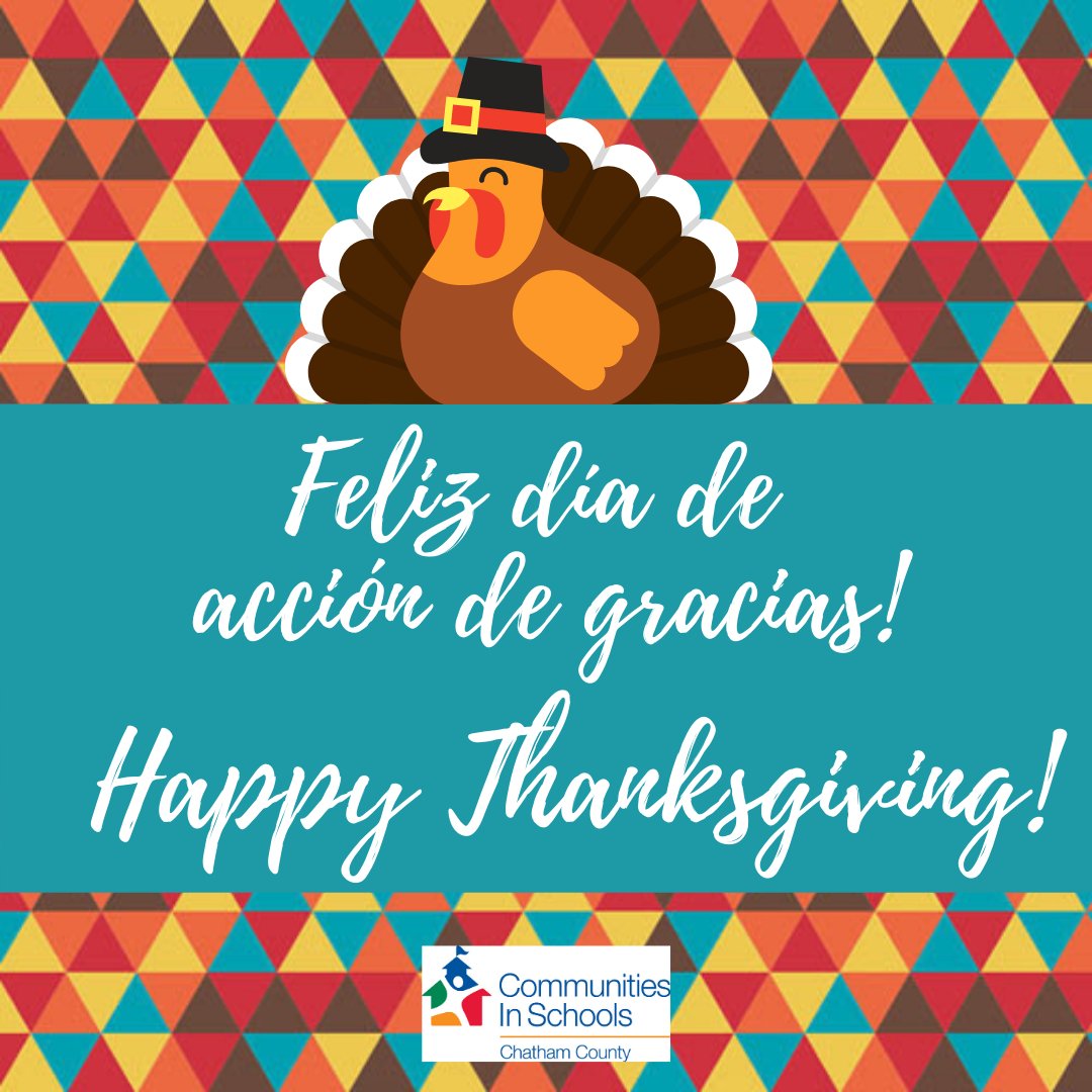 CISChatham's tweet photo. Feliz dia de accion de gracias!⁠Happy Thanksgiving!⁠⁠
#thanksgiving #holiday #turkey #gobble #ciscc #communitiesinschools #cischatham #donatetoday #yourdonationmatters #allinforkids #communitymatters #kids #endofyear #studentsneedsupport #chathamcountync #chathamcountyschools https://t.co/8eTKXiHiS3